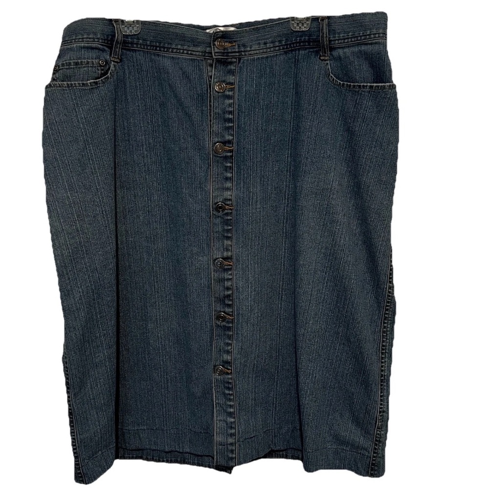 CJ Banks Denim Midi Skirt Size 18W Button Up Pockets Back Split Stretch